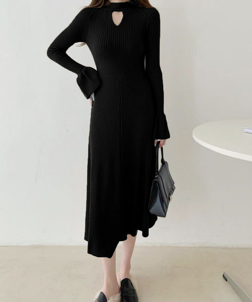 キーホールネックリブニットワンピース秋冬 レディース フレアスリーブワンピース 前後2wayモックネックロングワンピ 上品ベル袖Aラインワンピ ボディラインニット 80YT-037