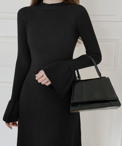 キーホールネックリブニットワンピース秋冬 レディース フレアスリーブワンピース 前後2wayモックネックロングワンピ 上品ベル袖Aラインワンピ ボディラインニット 80YT-037