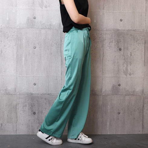 ワイドパンツ レディース ウエストゴム ワイドパンツ レディース ウエストゴム カラーサテンパンツ 薄手 ロングパンツ 無地春夏 光沢感 ガウチョパンツ 80YUMS-001