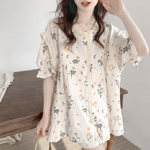 セットアップルームウェア 花柄ワンピース 夏服 可愛いパジャマ 半袖 レディース ショートパンツ 長袖トップス ロングパンツ ロングガウン ナイトウエア 3タイプ 80YUNHE-002