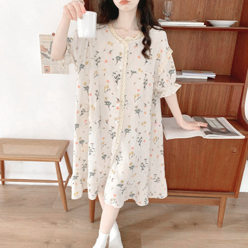 セットアップルームウェア 花柄ワンピース 夏服 可愛いパジャマ 半袖 レディース ショートパンツ 長袖トップス ロングパンツ ロングガウン ナイトウエア 3タイプ 80YUNHE-002