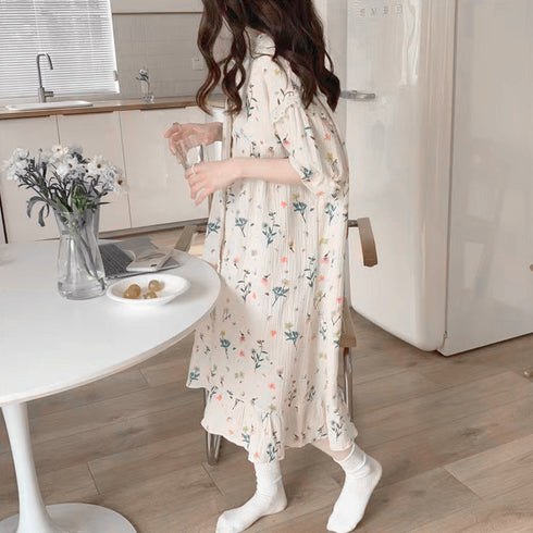 セットアップルームウェア 花柄ワンピース 夏服 可愛いパジャマ 半袖 レディース ショートパンツ 長袖トップス ロングパンツ ロングガウン ナイトウエア 3タイプ 80YUNHE-002