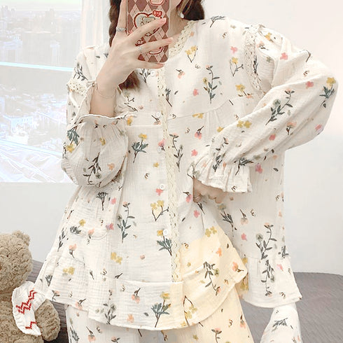 セットアップルームウェア 花柄ワンピース 夏服 可愛いパジャマ 半袖 レディース ショートパンツ 長袖トップス ロングパンツ ロングガウン ナイトウエア 3タイプ 80YUNHE-002