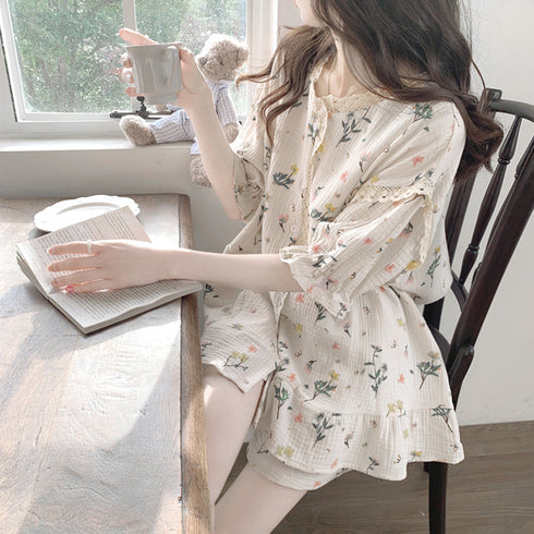 セットアップルームウェア 花柄ワンピース 夏服 可愛いパジャマ 半袖 レディース ショートパンツ 長袖トップス ロングパンツ ロングガウン ナイトウエア 3タイプ 80YUNHE-002