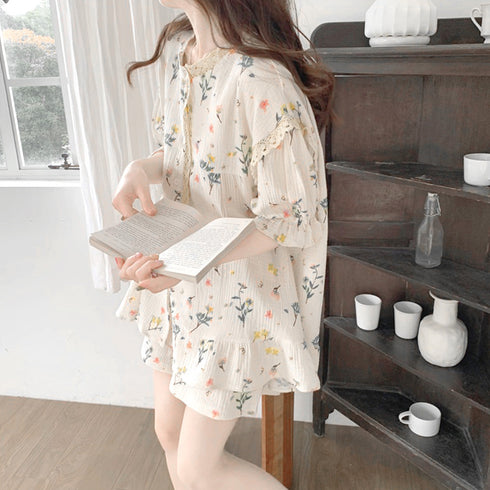 セットアップルームウェア 花柄ワンピース 夏服 可愛いパジャマ 半袖 レディース ショートパンツ 長袖トップス ロングパンツ ロングガウン ナイトウエア 3タイプ 80YUNHE-002