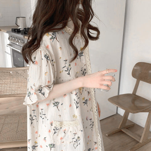 セットアップルームウェア 花柄ワンピース 夏服 可愛いパジャマ 半袖 レディース ショートパンツ 長袖トップス ロングパンツ ロングガウン ナイトウエア 3タイプ 80YUNHE-002