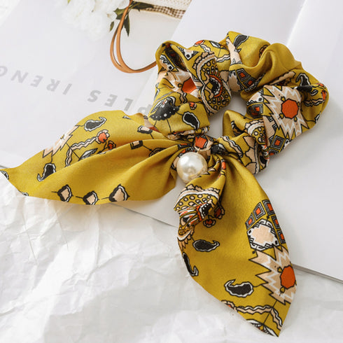 スカーフ シュシュ ヘアゴム 蝶結び スカーフ シュシュ ヘアゴム 蝶結び リボン ヘアアクセサリー フラワープリント 髪飾り フェイクパール まとめ髪 80YUS-001