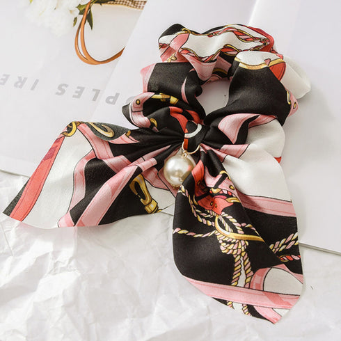 スカーフ シュシュ ヘアゴム 蝶結び スカーフ シュシュ ヘアゴム 蝶結び リボン ヘアアクセサリー フラワープリント 髪飾り フェイクパール まとめ髪 80YUS-001