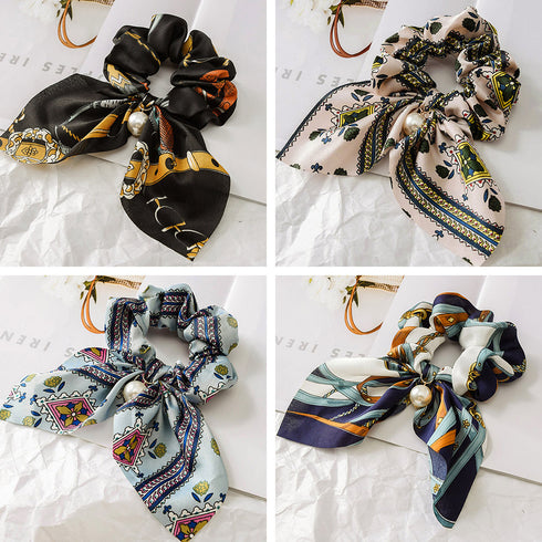 スカーフ シュシュ ヘアゴム 蝶結び スカーフ シュシュ ヘアゴム 蝶結び リボン ヘアアクセサリー フラワープリント 髪飾り フェイクパール まとめ髪 80YUS-001