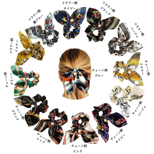 スカーフ シュシュ ヘアゴム 蝶結び スカーフ シュシュ ヘアゴム 蝶結び リボン ヘアアクセサリー フラワープリント 髪飾り フェイクパール まとめ髪 80YUS-001
