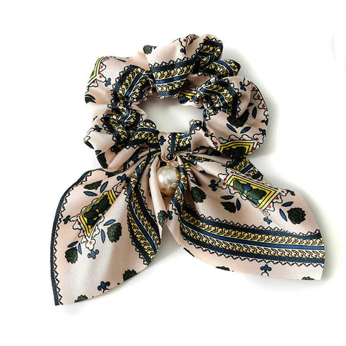 スカーフ シュシュ ヘアゴム 蝶結び スカーフ シュシュ ヘアゴム 蝶結び リボン ヘアアクセサリー フラワープリント 髪飾り フェイクパール まとめ髪 80YUS-001