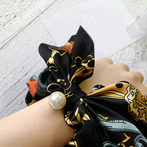 スカーフ シュシュ ヘアゴム 蝶結び スカーフ シュシュ ヘアゴム 蝶結び リボン ヘアアクセサリー フラワープリント 髪飾り フェイクパール まとめ髪 80YUS-001