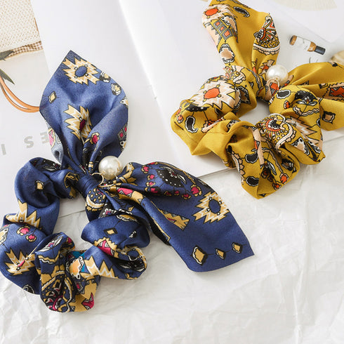 スカーフ シュシュ ヘアゴム 蝶結び スカーフ シュシュ ヘアゴム 蝶結び リボン ヘアアクセサリー フラワープリント 髪飾り フェイクパール まとめ髪 80YUS-001