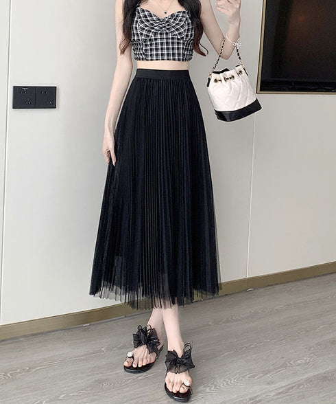 チュールスカートレディースロングスカート ハイウエストプリーツスカート 着やせAラインスカート 大人可愛い エレガントフレアスカート 体型カバー お洒落 ボトムス 80YZDX-001