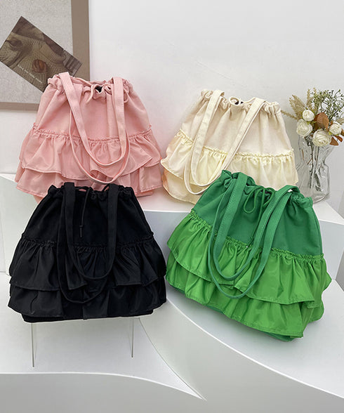 ティアードフリルトートバッグ キャンバス 大きめ 巾着バッグ 異素材切り替え マザーズバッグ 通勤通学肩掛けバッグ カジュアル 大容量bag 韓国風 手提げバッグ 80ZCFX-007