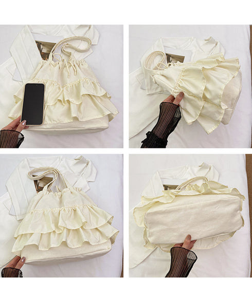 ティアードフリルトートバッグ キャンバス 大きめ 巾着バッグ 異素材切り替え マザーズバッグ 通勤通学肩掛けバッグ カジュアル 大容量bag 韓国風 手提げバッグ 80ZCFX-007