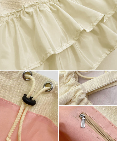 ティアードフリルトートバッグ キャンバス 大きめ 巾着バッグ 異素材切り替え マザーズバッグ 通勤通学肩掛けバッグ カジュアル 大容量bag 韓国風 手提げバッグ 80ZCFX-007