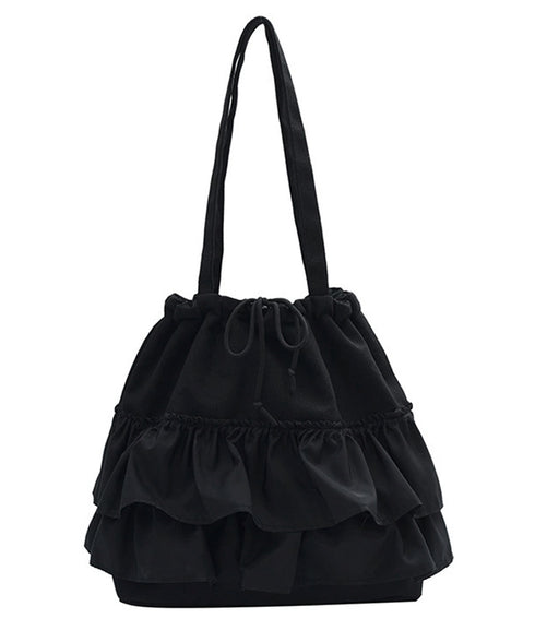 ティアードフリルトートバッグ キャンバス 大きめ 巾着バッグ 異素材切り替え マザーズバッグ 通勤通学肩掛けバッグ カジュアル 大容量bag 韓国風 手提げバッグ 80ZCFX-007