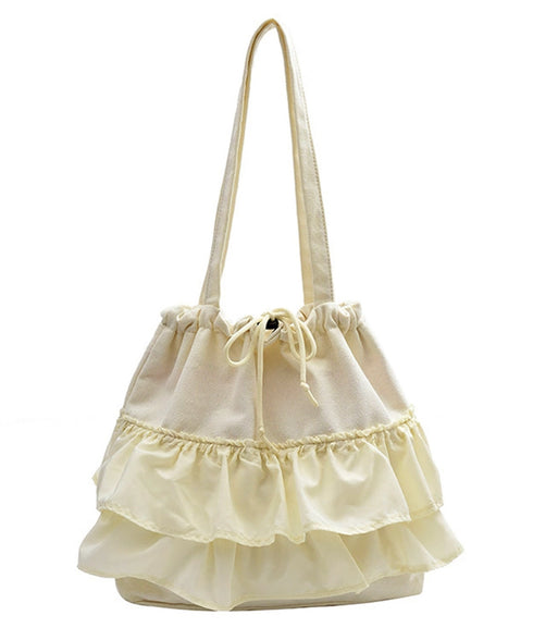 ティアードフリルトートバッグ キャンバス 大きめ 巾着バッグ 異素材切り替え マザーズバッグ 通勤通学肩掛けバッグ カジュアル 大容量bag 韓国風 手提げバッグ 80ZCFX-007