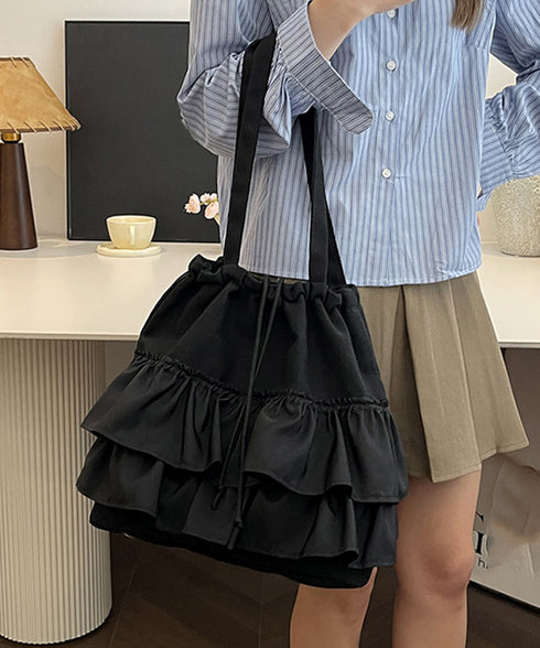 ティアードフリルトートバッグ キャンバス 大きめ 巾着バッグ 異素材切り替え マザーズバッグ 通勤通学肩掛けバッグ カジュアル 大容量bag 韓国風 手提げバッグ 80ZCFX-007