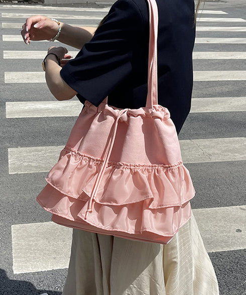 ティアードフリルトートバッグ キャンバス 大きめ 巾着バッグ 異素材切り替え マザーズバッグ 通勤通学肩掛けバッグ カジュアル 大容量bag 韓国風 手提げバッグ 80ZCFX-007