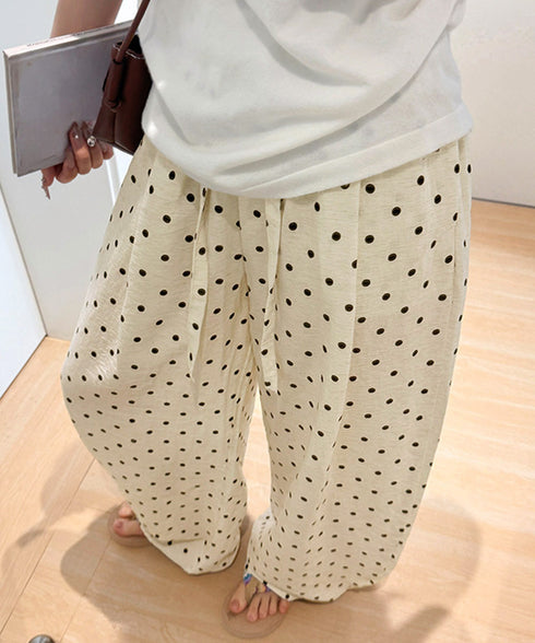 ドット柄ワイドパンツ韓国風春夏ラフパンツ レディース ハイウエストバルーンパンツ 着やせロングパンツ ゆるシルエット ポケット付きリラックス イージーパンツ楽ちん 80ZHENJU-001