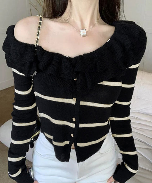 フリルニットトップス オフショルダー秋服 レディース タイトリブニット ボダン付き ニットソー きれいめニットセーター ボーダー柄 ショート丈 ニットカーディガン 80ZHONGYI-001