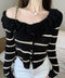 フリルニットトップス オフショルダー秋服 レディース タイトリブニット ボダン付き ニットソー きれいめニットセーター ボーダー柄 ショート丈 ニットカーディガン 80ZHONGYI-001