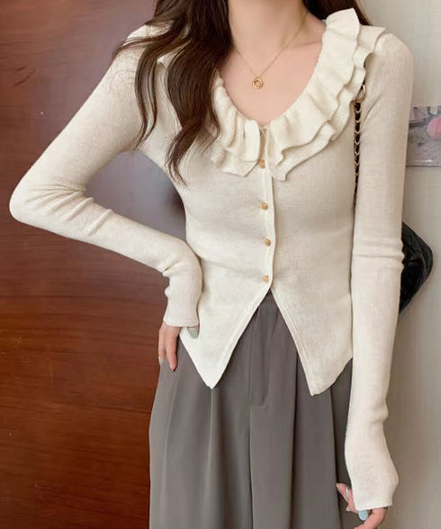 フリルニットトップス オフショルダー秋服 レディース タイトリブニット ボダン付き ニットソー きれいめニットセーター ボーダー柄 ショート丈 ニットカーディガン 80ZHONGYI-001