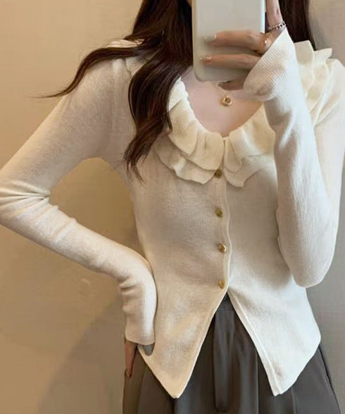 フリルニットトップス オフショルダー秋服 レディース タイトリブニット ボダン付き ニットソー きれいめニットセーター ボーダー柄 ショート丈 ニットカーディガン 80ZHONGYI-001