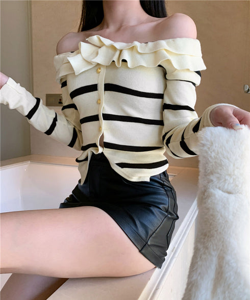フリルニットトップス オフショルダー秋服 レディース タイトリブニット ボダン付き ニットソー きれいめニットセーター ボーダー柄 ショート丈 ニットカーディガン 80ZHONGYI-001