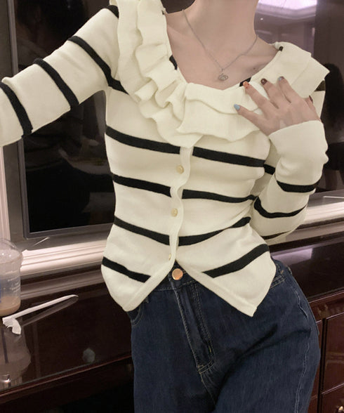 フリルニットトップス オフショルダー秋服 レディース タイトリブニット ボダン付き ニットソー きれいめニットセーター ボーダー柄 ショート丈 ニットカーディガン 80ZHONGYI-001