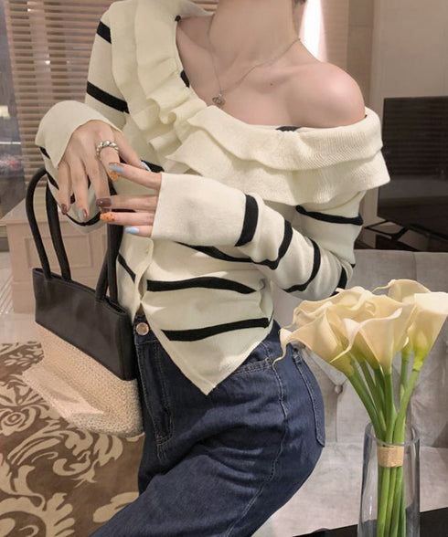 フリルニットトップス オフショルダー秋服 レディース タイトリブニット ボダン付き ニットソー きれいめニットセーター ボーダー柄 ショート丈 ニットカーディガン 80ZHONGYI-001