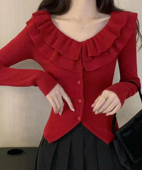 フリルニットトップス オフショルダー秋服 レディース タイトリブニット ボダン付き ニットソー きれいめニットセーター ボーダー柄 ショート丈 ニットカーディガン 80ZHONGYI-001