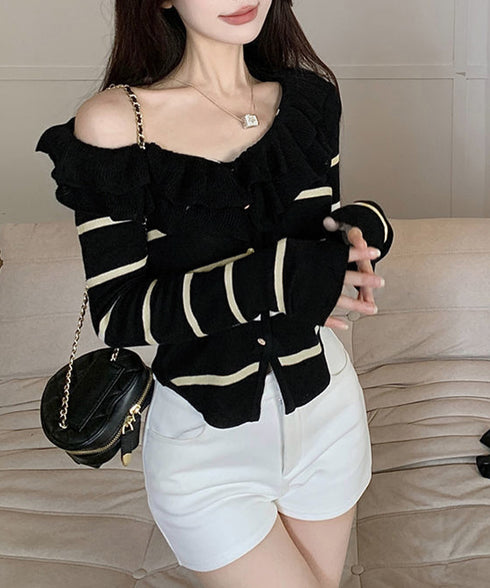 フリルニットトップス オフショルダー秋服 レディース タイトリブニット ボダン付き ニットソー きれいめニットセーター ボーダー柄 ショート丈 ニットカーディガン 80ZHONGYI-001