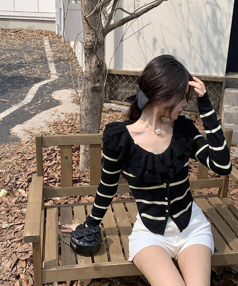 フリルニットトップス オフショルダー秋服 レディース タイトリブニット ボダン付き ニットソー きれいめニットセーター ボーダー柄 ショート丈 ニットカーディガン 80ZHONGYI-001