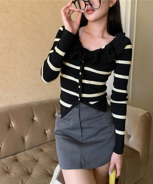 フリルニットトップス オフショルダー秋服 レディース タイトリブニット ボダン付き ニットソー きれいめニットセーター ボーダー柄 ショート丈 ニットカーディガン 80ZHONGYI-001