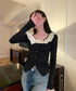 フリルニットトップス オフショルダー秋服 レディース タイトリブニット ボダン付き ニットソー きれいめニットセーター ボーダー柄 ショート丈 ニットカーディガン 80ZHONGYI-001