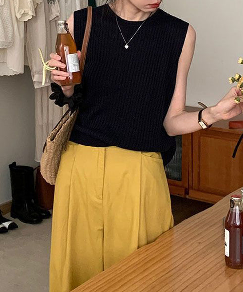 サマーニットタンクトップ 背中開き 夏服 前後2WAYリブニット ノースリーブトップス レディース ラウンドネックプルオーバー バックオープンニットソー きれいめ 80ZHONGYI-002