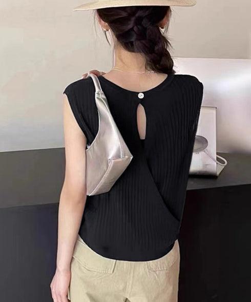 サマーニットタンクトップ 背中開き 夏服 前後2WAYリブニット ノースリーブトップス レディース ラウンドネックプルオーバー バックオープンニットソー きれいめ 80ZHONGYI-002