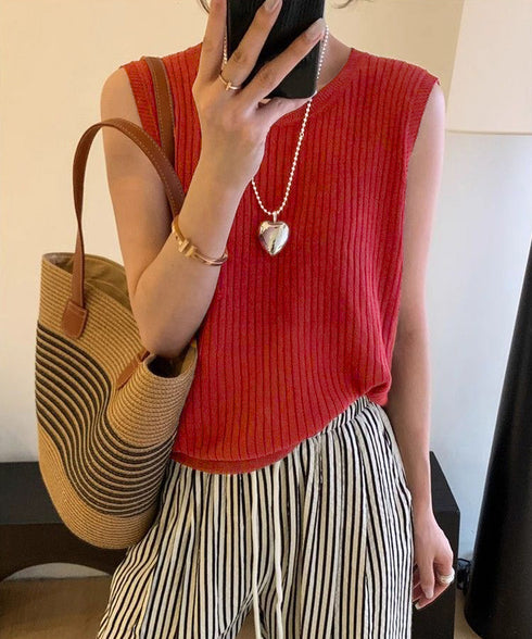 サマーニットタンクトップ 背中開き 夏服 前後2WAYリブニット ノースリーブトップス レディース ラウンドネックプルオーバー バックオープンニットソー きれいめ 80ZHONGYI-002