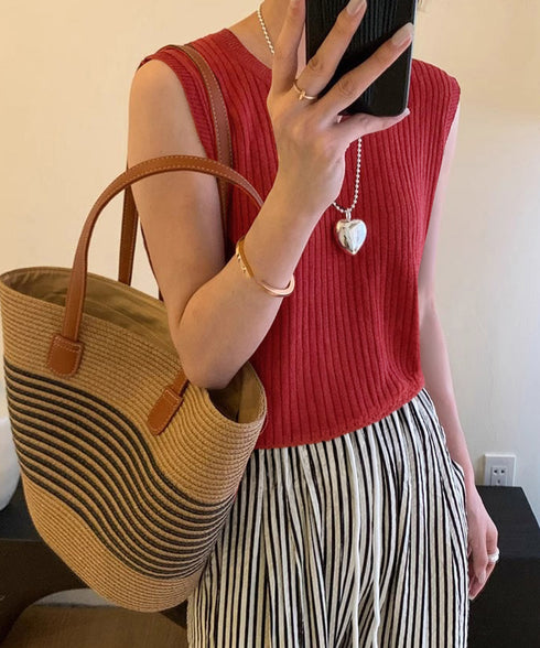サマーニットタンクトップ 背中開き 夏服 前後2WAYリブニット ノースリーブトップス レディース ラウンドネックプルオーバー バックオープンニットソー きれいめ 80ZHONGYI-002