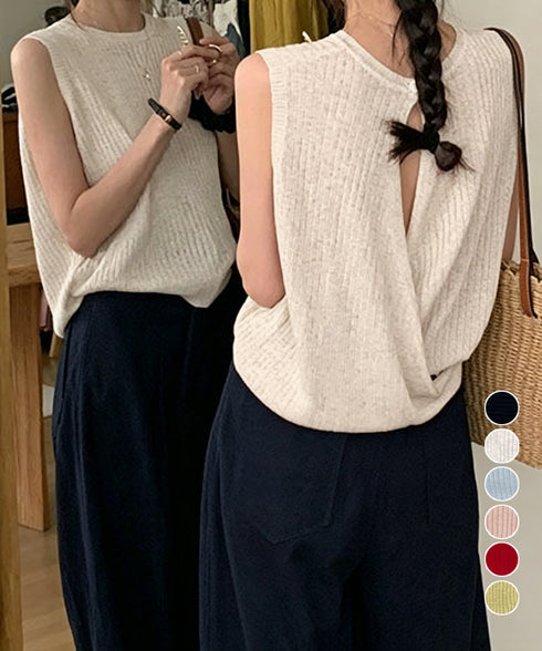 サマーニットタンクトップ 背中開き 夏服 前後2WAYリブニット ノースリーブトップス レディース ラウンドネックプルオーバー バックオープンニットソー きれいめ 80ZHONGYI-002