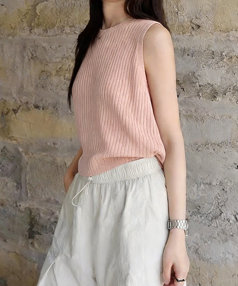 サマーニットタンクトップ 背中開き 夏服 前後2WAYリブニット ノースリーブトップス レディース ラウンドネックプルオーバー バックオープンニットソー きれいめ 80ZHONGYI-002