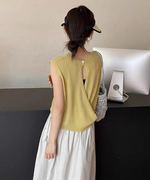 サマーニットタンクトップ 背中開き 夏服 前後2WAYリブニット ノースリーブトップス レディース ラウンドネックプルオーバー バックオープンニットソー きれいめ 80ZHONGYI-002