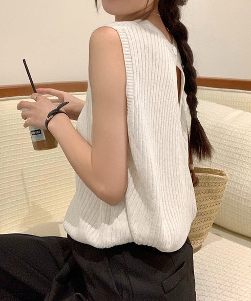 サマーニットタンクトップ 背中開き 夏服 前後2WAYリブニット ノースリーブトップス レディース ラウンドネックプルオーバー バックオープンニットソー きれいめ 80ZHONGYI-002