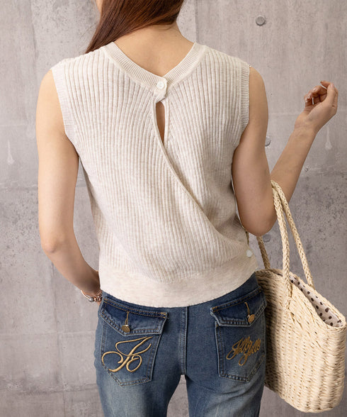 サマーニットタンクトップ 背中開き 夏服 前後2WAYリブニット ノースリーブトップス レディース ラウンドネックプルオーバー バックオープンニットソー きれいめ 80ZHONGYI-002