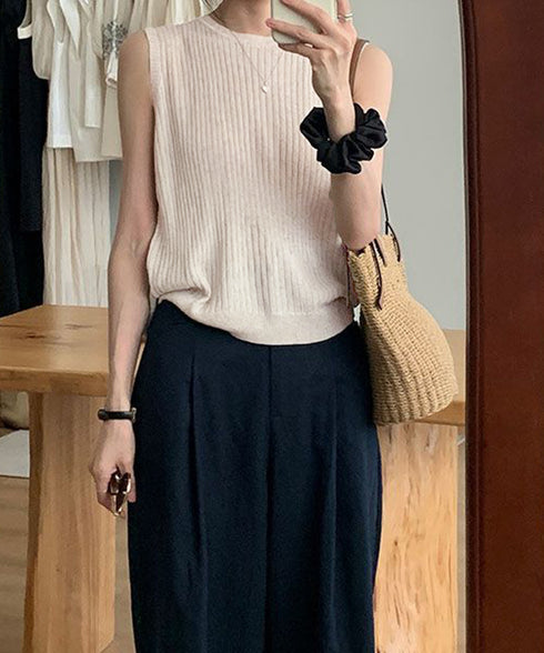 サマーニットタンクトップ 背中開き 夏服 前後2WAYリブニット ノースリーブトップス レディース ラウンドネックプルオーバー バックオープンニットソー きれいめ 80ZHONGYI-002