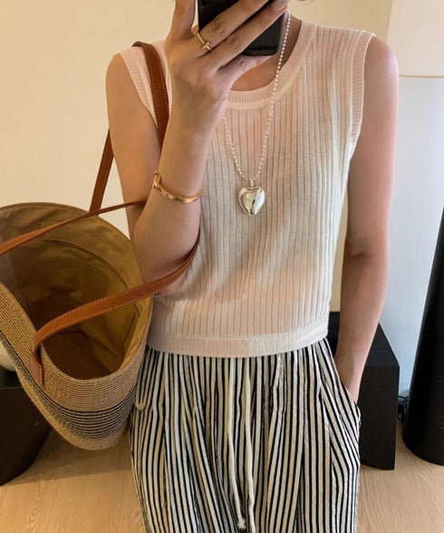 サマーニットタンクトップ 背中開き 夏服 前後2WAYリブニット ノースリーブトップス レディース ラウンドネックプルオーバー バックオープンニットソー きれいめ 80ZHONGYI-002