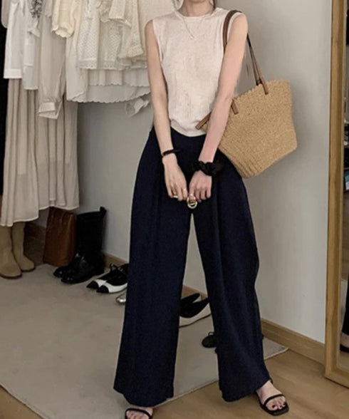 サマーニットタンクトップ 背中開き 夏服 前後2WAYリブニット ノースリーブトップス レディース ラウンドネックプルオーバー バックオープンニットソー きれいめ 80ZHONGYI-002